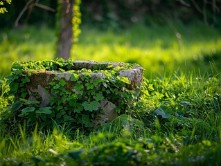 Fototapeta premium A small, ivycovered stone well in the heart of a tranquil meadow, under the soft light of the morning sun