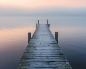Obraz premium A small, rustic pier jutting into a fogcovered lake at dawn, the calm water mirroring the soft hues of the morning sky 