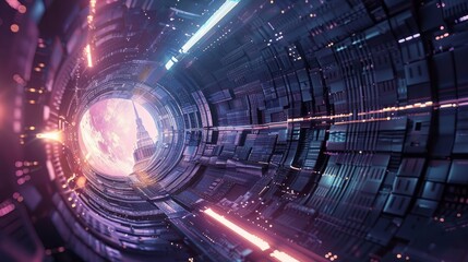 Futuristic background - abstract technology concept with glowing neon lights and geometric shapes in dark space, perfect for science fiction designs and digital art projects