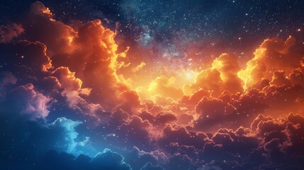 Otherworldly fantasy sky featuring fluffy, glowing clouds under stars, with colors of orange