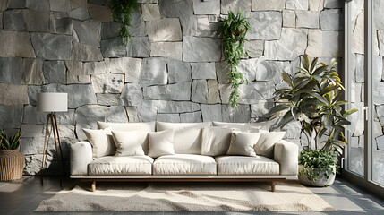 White sofa with beige pillows and floor lamp against window near stone cladding wall
