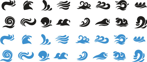 Set of waves icons in fill flat styles. Wave illustration signs can be used for web, mobile app. Ocean symbols. Water sea elements, Ocean liquid curve flowing swirl storm on transparent background.