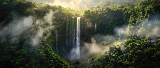 A majestic waterfall surrounded by lush greenery, with the mist catching the light to create a splendid gradient of colors, captured in high-definition to highlight its mesmerizing vibrancy. - obrazy, fototapety, plakaty