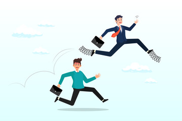 Fototapeta na wymiar Businessman with spring shoes leap fast over competitor, competitive advantage to win business competition, success strategy, innovation, work efficiency or career promotion, effort or skill (Vector)