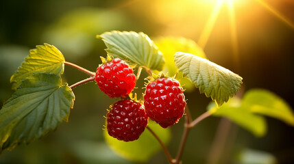 Sunlit raspberries in focus with a macro background of green foliage