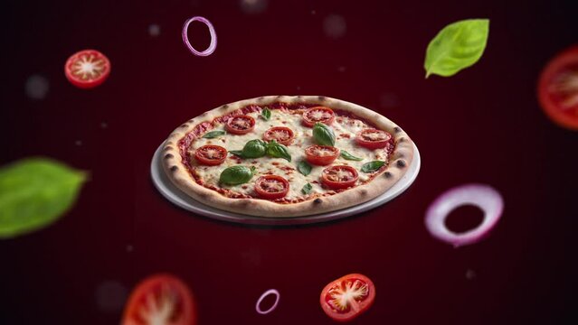 margherita pizza with tomatoes and basil Animation intro for advertising or marketing of restaurants with the ingredients of the dish flying in the air - price tag or sale