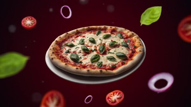 Original margherita pizza and basil Animation intro for advertising or marketing of restaurants with the ingredients of the dish flying in the air - price tag or sale