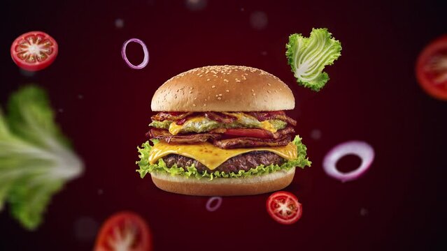 Bacon cheeseburger and guacamole on a plate Animation intro Promotion for advertising or marketing - with cheese, beef, and fresh vegetables like lettuce, tomato and onion - price tag or sale
