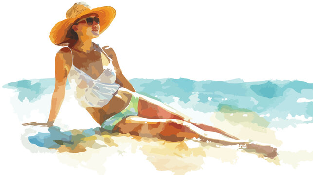 Beach Lady Watercolor Flat vector isolated on white background
