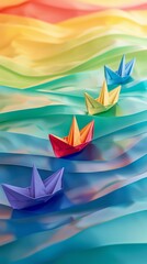 Obraz premium Three colorful origami boats floating on the ocean surface, background, wallpaper, abstract