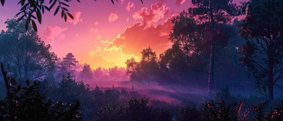 A lush forest at sunrise, with the colors of the sky forming a splendid gradient of pinks and oranges, all captured in high-definition to showcase its mesmerizing vibrancy. - obrazy, fototapety, plakaty