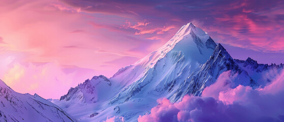 A snowy mountain peak catching the first light of dawn, with the sky above displaying a splendid...