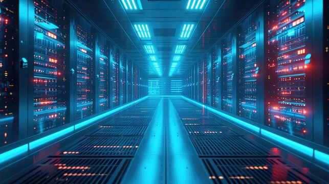 A parallel row of servers, adorned in electric blue, fills a technology-driven data center hallway with a symmetrical display of power and Azure technology. AIG41