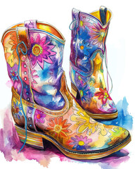 Watercolor art colorful boots shoes Illustration on white background