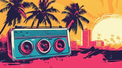 stylish retro ghetto blaster held in hand against vibrant urban background