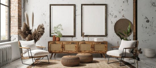Bohemian style interior frame and poster mockup.