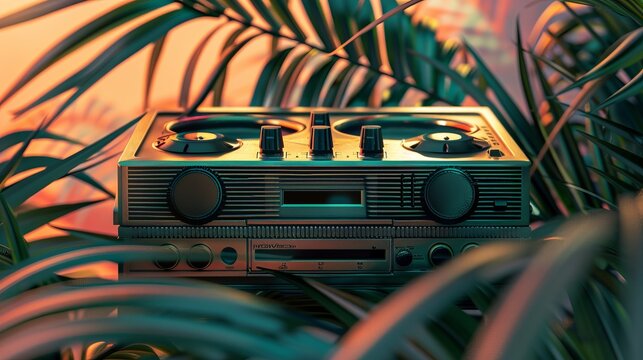 stylish retro ghetto blaster held in hand against vibrant urban background