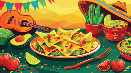 Mexico culture and foods cartoons plate on nachos a