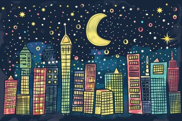 Cartoon cute doodles of a big city skyline at night, with twinkling stars, a glowing moon, and little windows lighting up in the skyscrapers like tiny lanterns, Generative AI