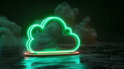 Glowing green neon wifi icon on black background - vibrant wireless technology symbol with high-tech floor, 3d render