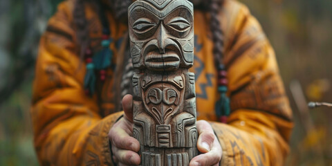 Ancient culture, tradition cult, magic spell purpose concept. Colorful tall wooden man face totem pole with in hand of person. Spirit object ceremony of sacramental beliefs - Powered by Adobe