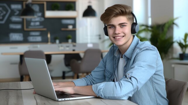 Smiling young intern businessman in headphones using laptop in creative office. Happy male student having online lesson watching or doing homework sitting