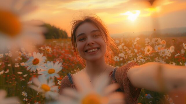 Young happy woman taking selfie in stylish summer dress feeling free in flower blossom field in sunshine, Girl enjoys flowers, Nature, vacation, relax and lifestyle, Summer landscape