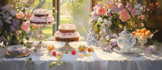 A beautiful table set with a cake adorned with flowers, surrounded by lush green grass and a tree....