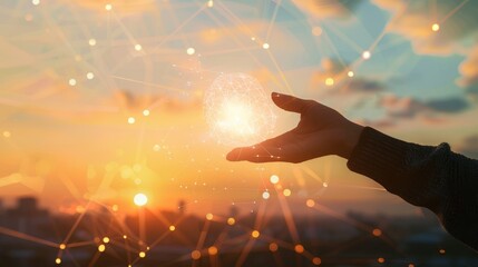 Hand of businessman connecting with global network circle against sunset sky - business networking, innovation, communication, and technology concept