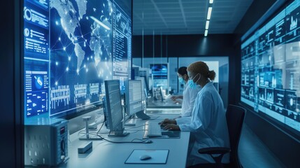 Scientists in a lab are using display devices and engineering to work on computers, exploring fonts and electric blue. They also share entertainment and art, while dealing with darkness in their job