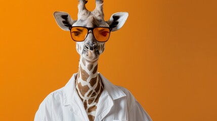 Giraffe Illustration: Stylish Twist in White Shirt & Sunglasses on Vibrant Orange Background
