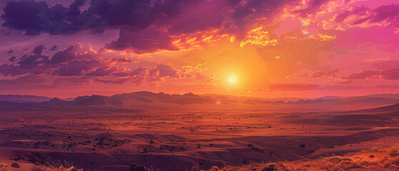 A desert landscape at dusk, with the sky ablaze in a splendid gradient of oranges and purples, captured in high-definition to showcase its mesmerizing vibrancy. - obrazy, fototapety, plakaty