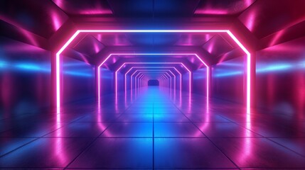 Fototapeta premium Abstract neon background with glowing lines and reflection in the floor of an empty tunnel or space ship interior. 3D illustration.