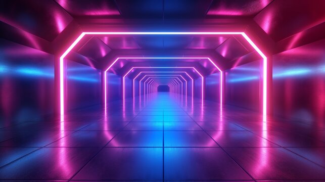 Fototapeta Abstract neon background with glowing lines and reflection in the floor of an empty tunnel or space ship interior. 3D illustration.