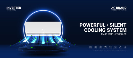 Horizontal ad banner of air conditioner. Realistic vector illustration with air conditioner on podium with neon circle. Modern split system climate control for home. Product mockup concept. - obrazy, fototapety, plakaty