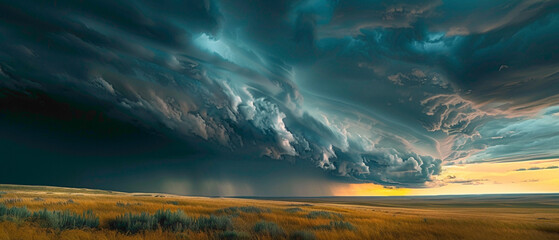 A dramatic thunderstorm rolling in over the plains, with the colors of the sky forming a splendid gradient of dark blues and grays, captured in high-definition to showcase its mesmerizing vibrancy. - obrazy, fototapety, plakaty