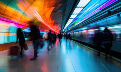 Commuters silhouettes in subway station at rush hour with abstract colorful light trails