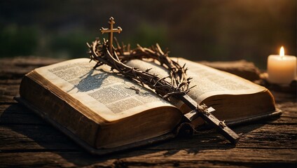 A poignant image with a crown of thorns atop an open bible, gently illuminated by candlelight, evoking reflection