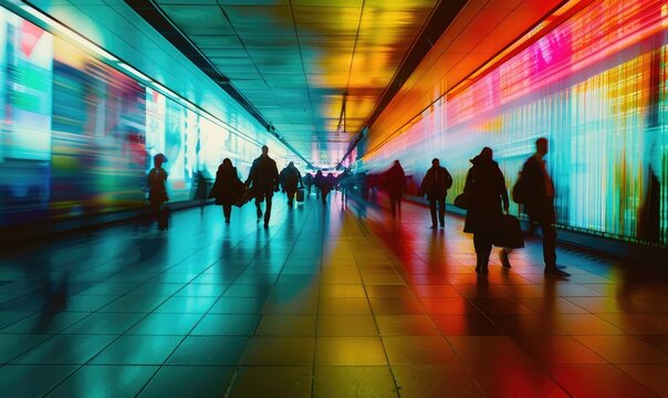 Commuters silhouettes in subway station at rush hour with abstract colorful light trails
