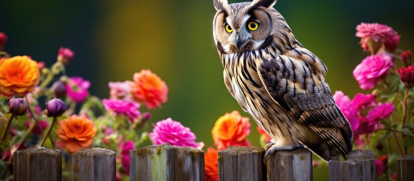 A majestic owl with feathers perched on a wooden post amidst beautiful flowers in nature. Its sharp beak and keen eyes blend in with the terrestrial animals and plants around