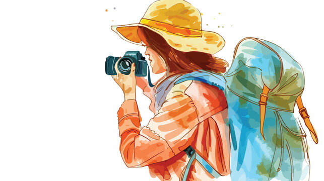 Female traveler taking photo watercolor Flat vector isolated