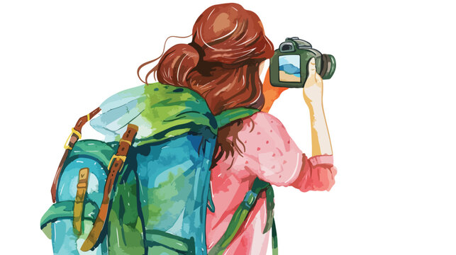 Female traveler taking photo watercolor Flat vector isolated
