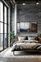 bedroom interior in loft industrial style frame mockup ,3d render, generative ai