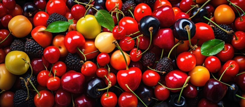 This picture showcases a variety of cherries and blackberries, highlighting their diversity as natural foods and staple ingredients in many dishes