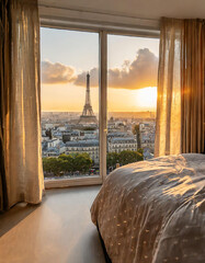 eiffel towe view from the window at sunset
