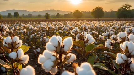 Fair Trade certified cotton field at sunset, warm golden hour light
