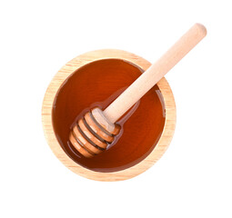 Honey in wooden bowl and honey Dipper on transparent png