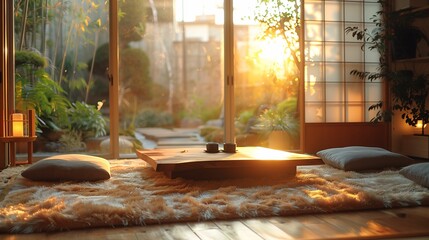 Serene Japanese Style Living Room at Sunset