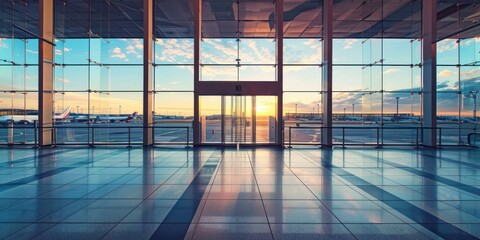 Airport terminal glass window with view of airplane, departure hall for travel and transportation concept.