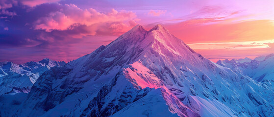 A snowy mountain peak catching the first light of dawn, with the sky above displaying a splendid gradient of colors, all captured in high-definition to emphasize its mesmerizing vibrancy. - obrazy, fototapety, plakaty